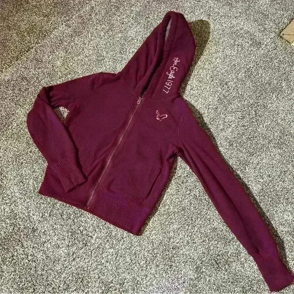 American Eagle Maroon Fleece Hooded Jacket Sherpa Lined-Small